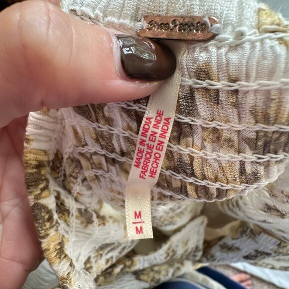 Free People Jaymes Cream Floral Printed Smocked V Neck Long Sleeve Midi Dress- M - Picture 5 of 12